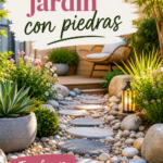 Jardin décoré avec des pierres naturelles et des plantes colorées.