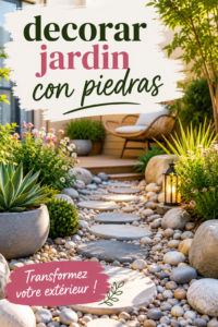 Jardin décoré avec des pierres naturelles et des plantes colorées.