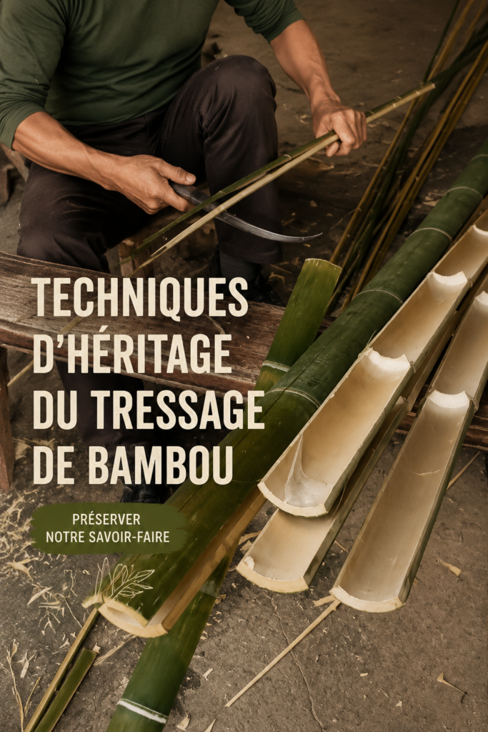 Jolie pièce artisanale en bambou montrant des techniques de tissage traditionnelles.