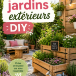 Une vue d'un jardin DIY coloré avec des plantes variées et des décorations