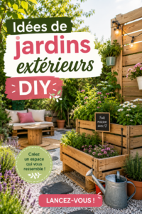 Une vue d'un jardin DIY coloré avec des plantes variées et des décorations