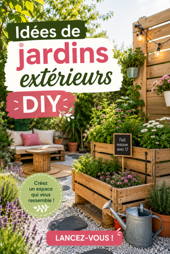 Une vue d'un jardin DIY coloré avec des plantes variées et des décorations