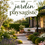 Un jardin paysager florissant avec des plantes colorées et un mobilier d'extérieur accueillant.