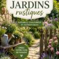 Un jardin rustique avec des fleurs colorées et des matériaux naturels.