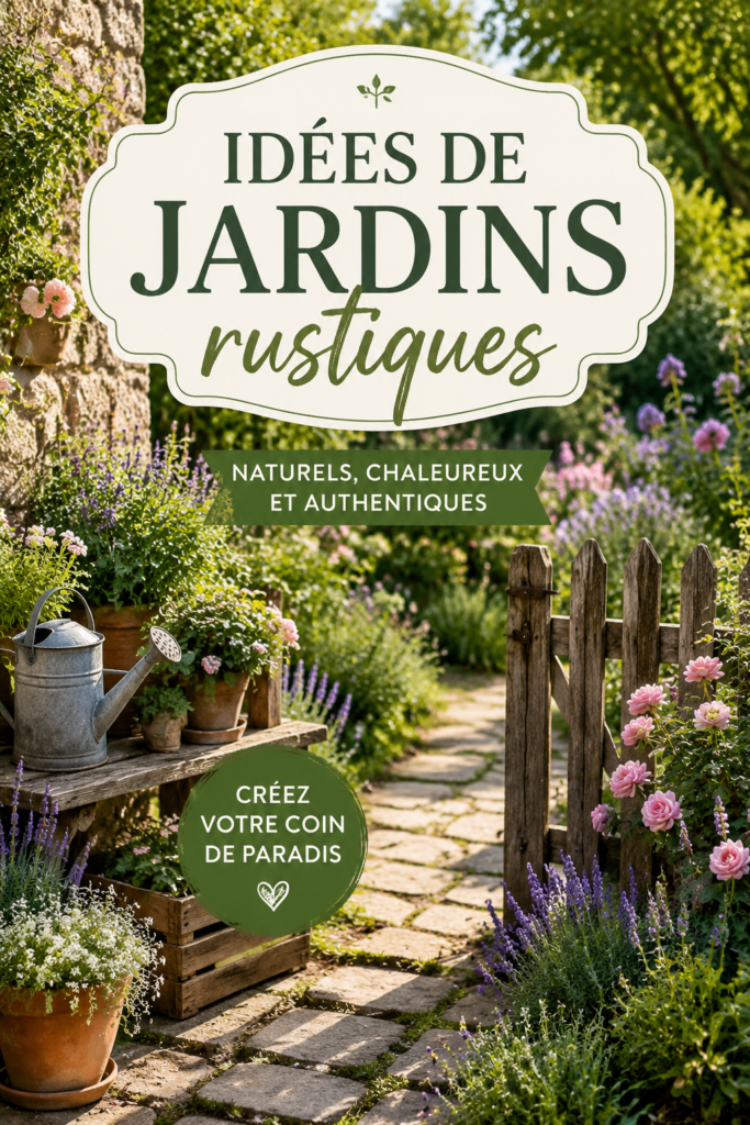 Un jardin rustique avec des fleurs colorées et des matériaux naturels.