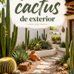 Jardin d'extérieur avec des cactus variés et colorés dans un cadre chaleureux.