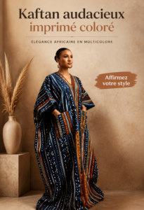 Kaftan multicolore élégant avec motifs Ankara, parfait pour les femmes modernes.