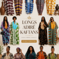 Une femme portant un kaftan long dans un décor estival, stylée et élégante.