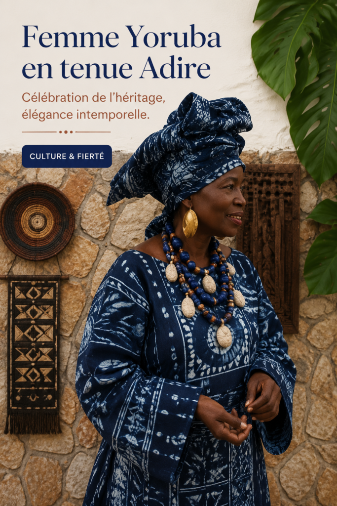 Femme portant une tenue traditionnelle Adire, représentant l'élégance culturelle Yoruba.