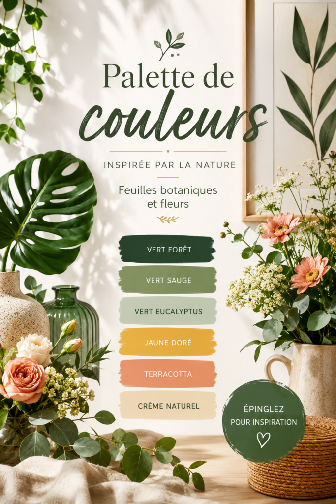 Palette de couleurs inspirées par la nature avec des dégradés de verts et bruns.