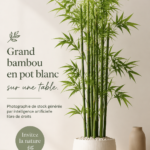 Plante de bambou haute dans un pot blanc sur une table, ajoutant une touche naturelle à la décoration intérieure.