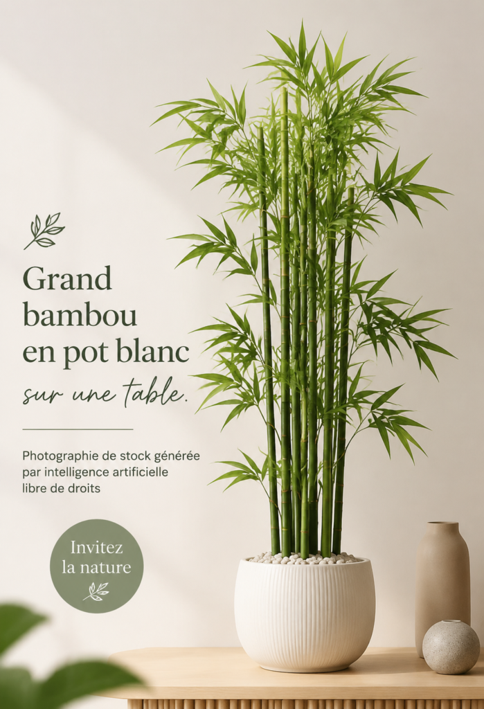Plante de bambou haute dans un pot blanc sur une table, ajoutant une touche naturelle à la décoration intérieure.