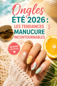 Manucure tendance d'été 2026 avec des couleurs vibrantes et des motifs artistiques.