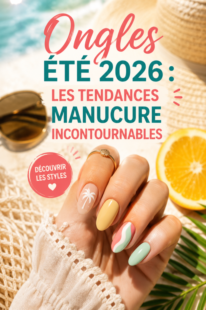 Manucure tendance d'été 2026 avec des couleurs vibrantes et des motifs artistiques.