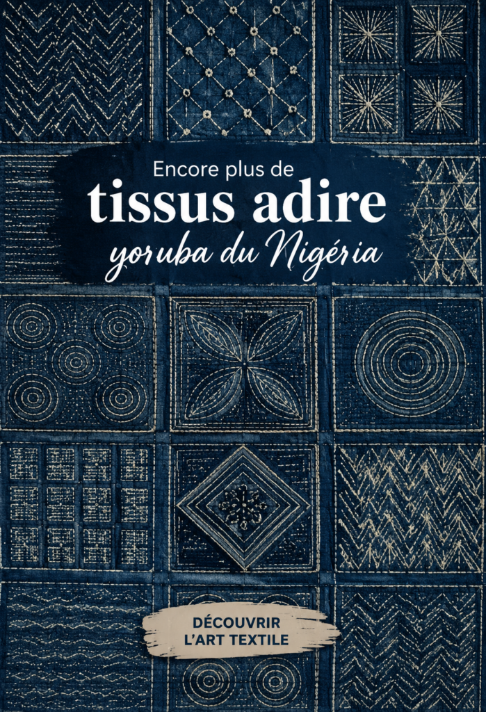 Tissu Adire vintage, coloré et fait main, exposé sur une table.