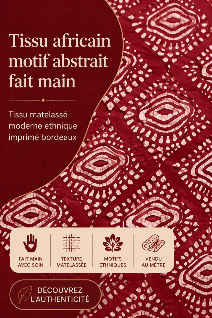 Tissu africain fait main avec motifs abstraits en rouge bourgogne
