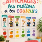 Affichage coloré représentant différents métiers dans une classe dynamique.