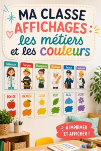 Affichage coloré représentant différents métiers dans une classe dynamique.