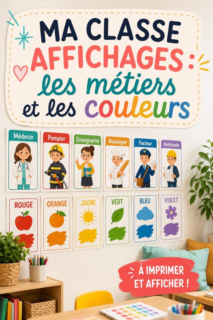 Affichage coloré représentant différents métiers dans une classe dynamique.