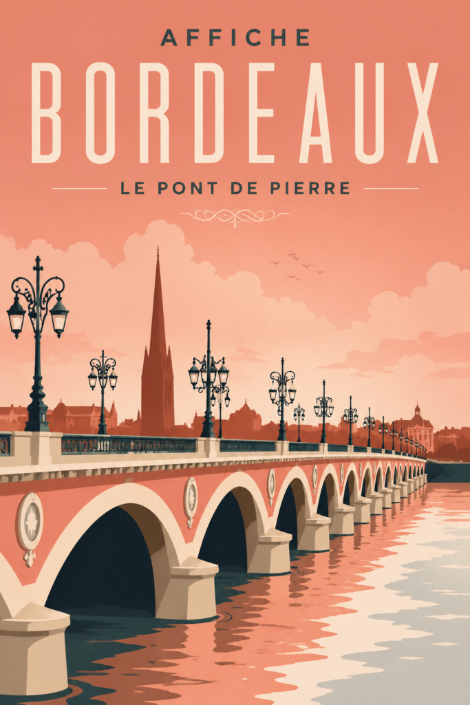 Affiche artistique représentant le Pont de Pierre de Bordeaux, avec des couleurs modernes et un design élégant.