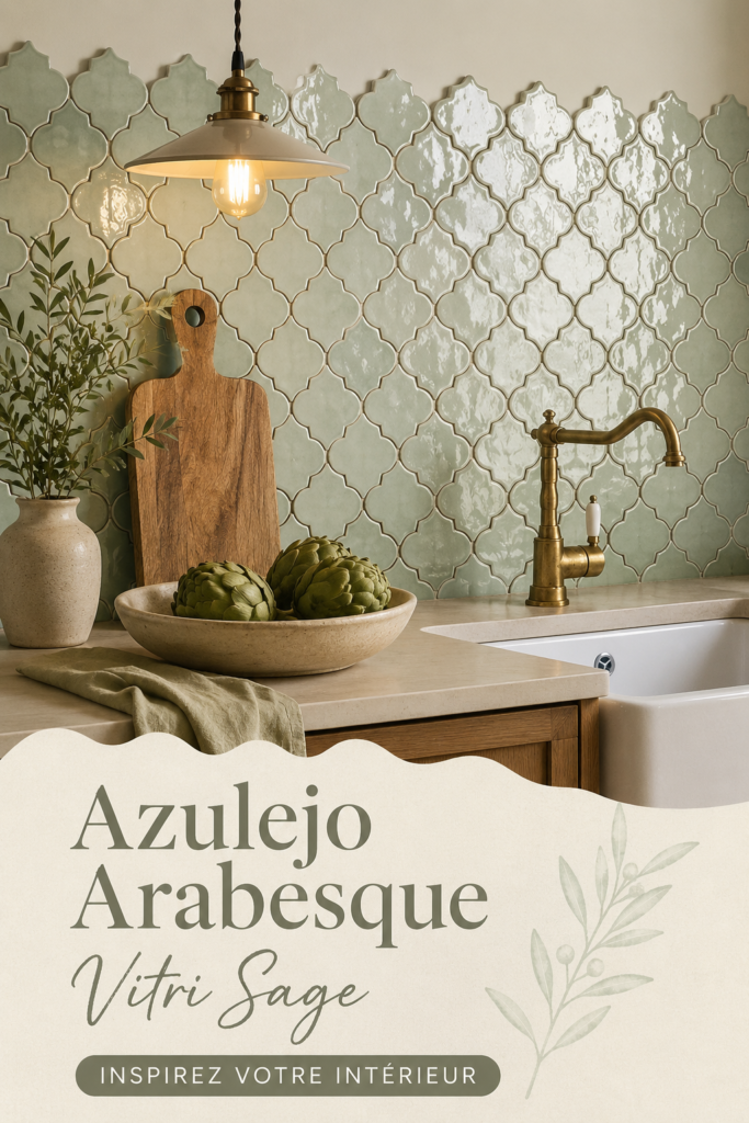 Un beau motif d'azulejos arabesques en céramique couleur sage, décorant un mur intérieur.
