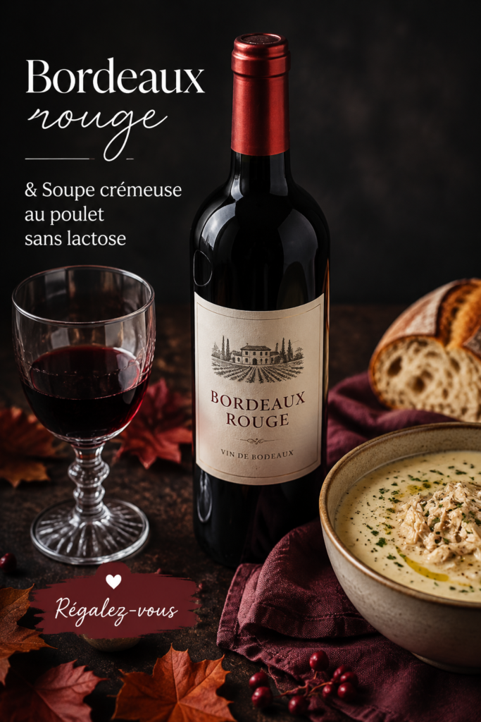 Bouteille de Bordeaux rouge avec un bol de soupe crémeuse au poulet
