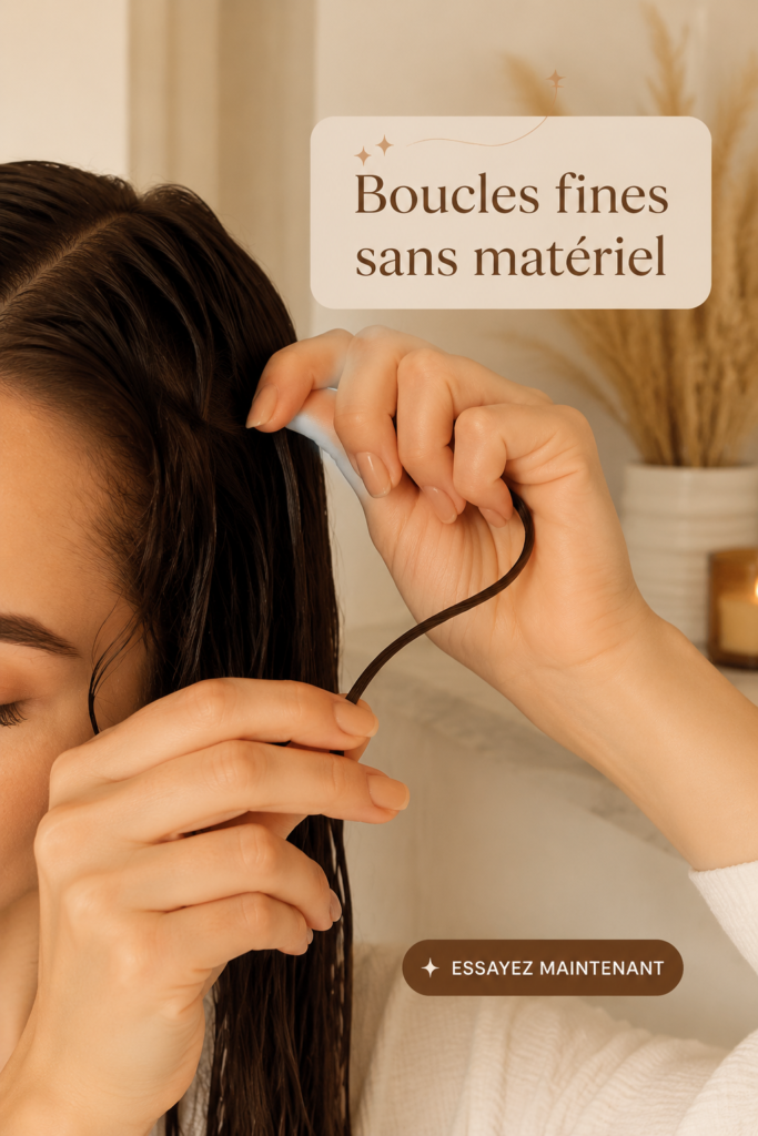 Femme avec des boucles fines élégantes réalisées sans matériel, affichant un look naturel et soigné.