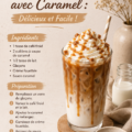 Un café frío au caramel servi avec des glaçons, parfait pour l'été.