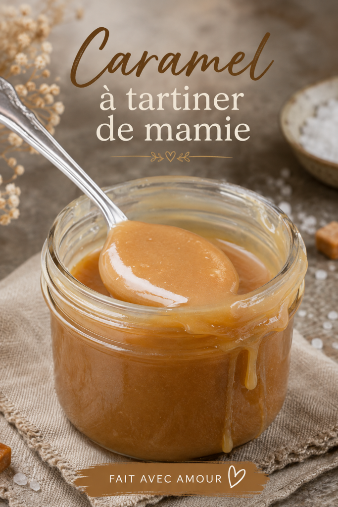 Un pot de caramel à tartiner fait maison avec une cuillère à proximité.