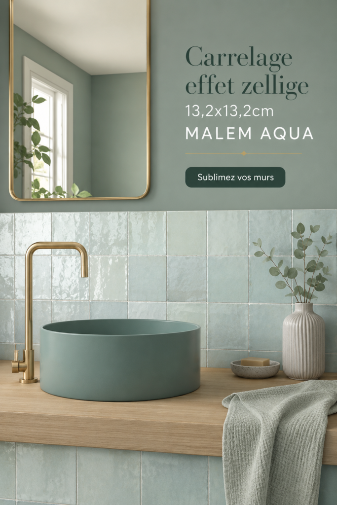 Un échantillon de carrelage effet zellige de couleur aqua, à superficie lumineuse et texturée.
