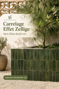 Carrelage effet zellige vert olive dans une cuisine moderne