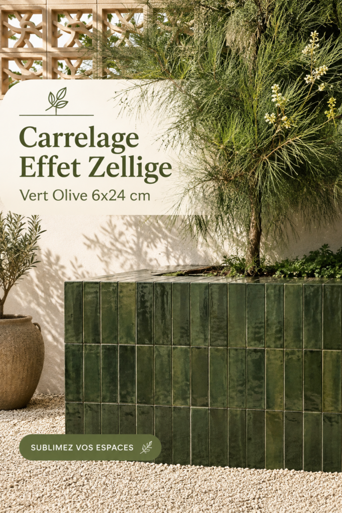 Carrelage effet zellige vert olive dans une cuisine moderne