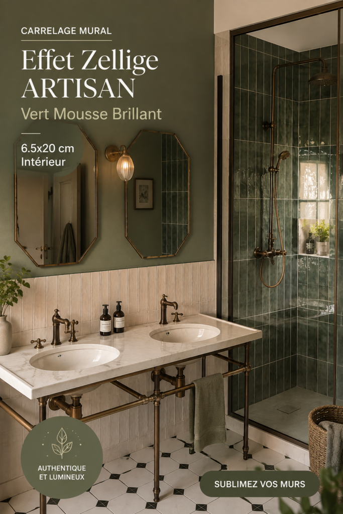 Carrelage mural effet zellige vert mousse installé dans une salle de bain moderne.