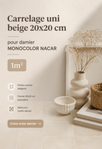 Carrelage uni beige 20x20 cm posé dans un salon moderne