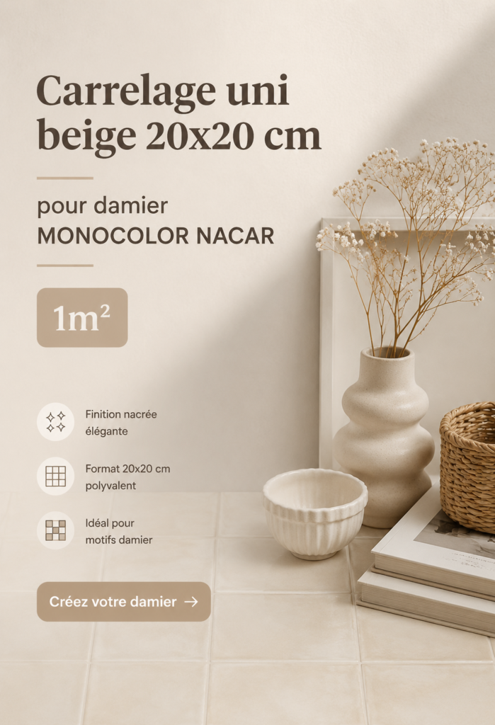 Carrelage uni beige 20x20 cm posé dans un salon moderne