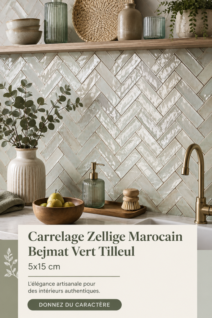 Carrelage Zellige marocain Bejmat vert tilleul sur un sol moderne