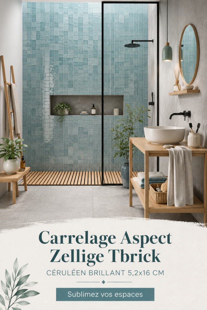 Carrelage zellige cerulean brillant de 5,2x16 cm, un choix tendance pour la décoration intérieure.