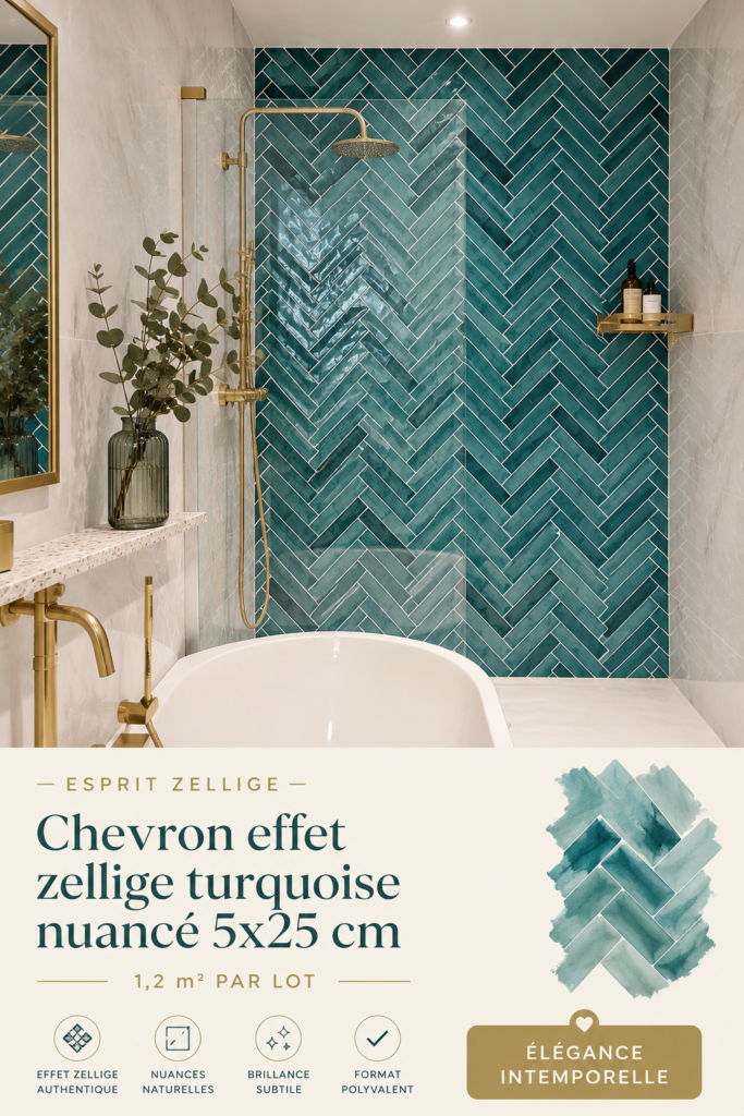 Carrelage effet zellige turquoise nuance 5x25 cm dans une cuisine moderne
