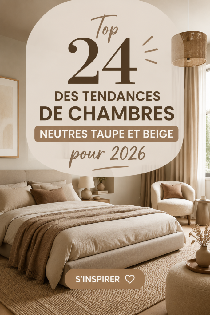 Chambre décorée dans des nuances taupe et beige, créant une ambiance chaleureuse et apaisante.