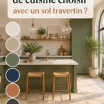 Cuisine moderne avec un sol en travertin et une palette de couleurs harmonieuses.