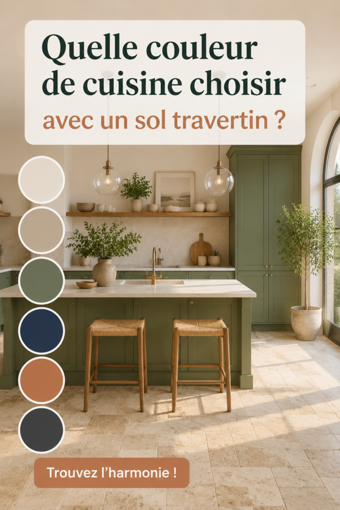 Cuisine moderne avec un sol en travertin et une palette de couleurs harmonieuses.