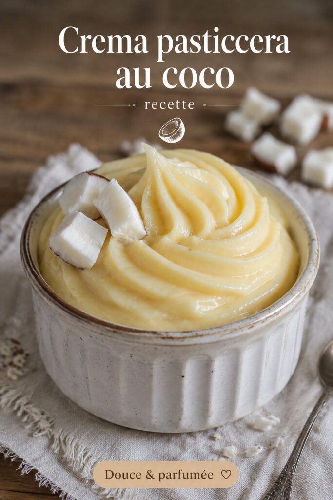 Crème pâtissière au coco dans un saladier en bois