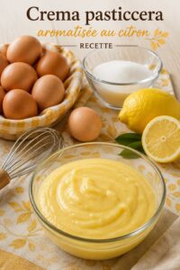 Une crème pâtissière au citron onctueuse servie dans un bol décoratif.