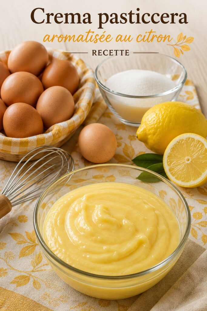 Une crème pâtissière au citron onctueuse servie dans un bol décoratif.