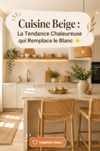 Cuisine moderne en beige avec comptoir lumineux et touches décoratives.