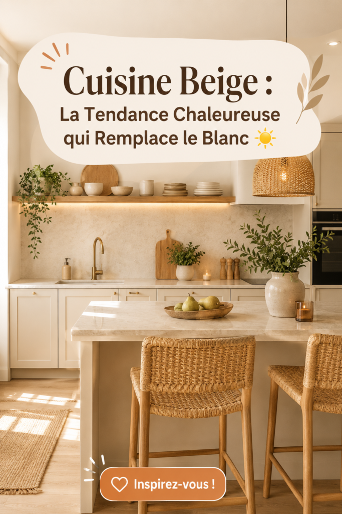Cuisine moderne en beige avec comptoir lumineux et touches décoratives.