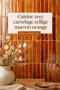Cuisine chic avec carrelage zellige marron et orange, ambiance chaleureuse.