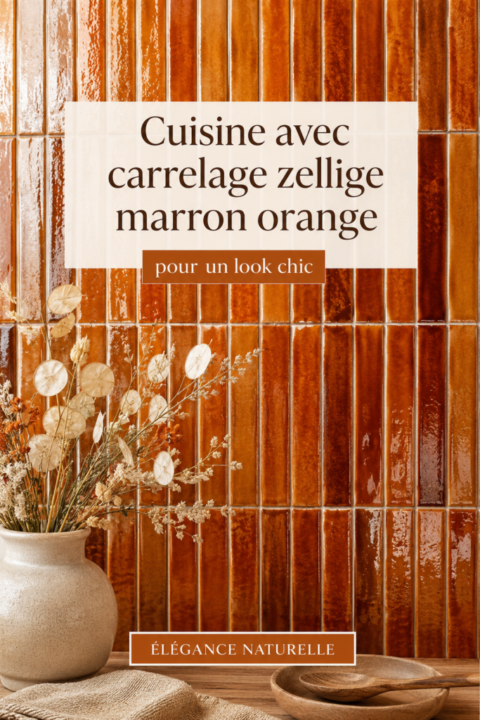Cuisine chic avec carrelage zellige marron et orange, ambiance chaleureuse.
