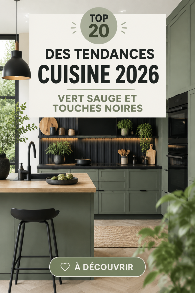 Cuisine moderne avec des éléments en vert sauge et touches noires