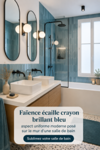 Salle de bain moderne avec faïence écailles brillantes en bleu.
